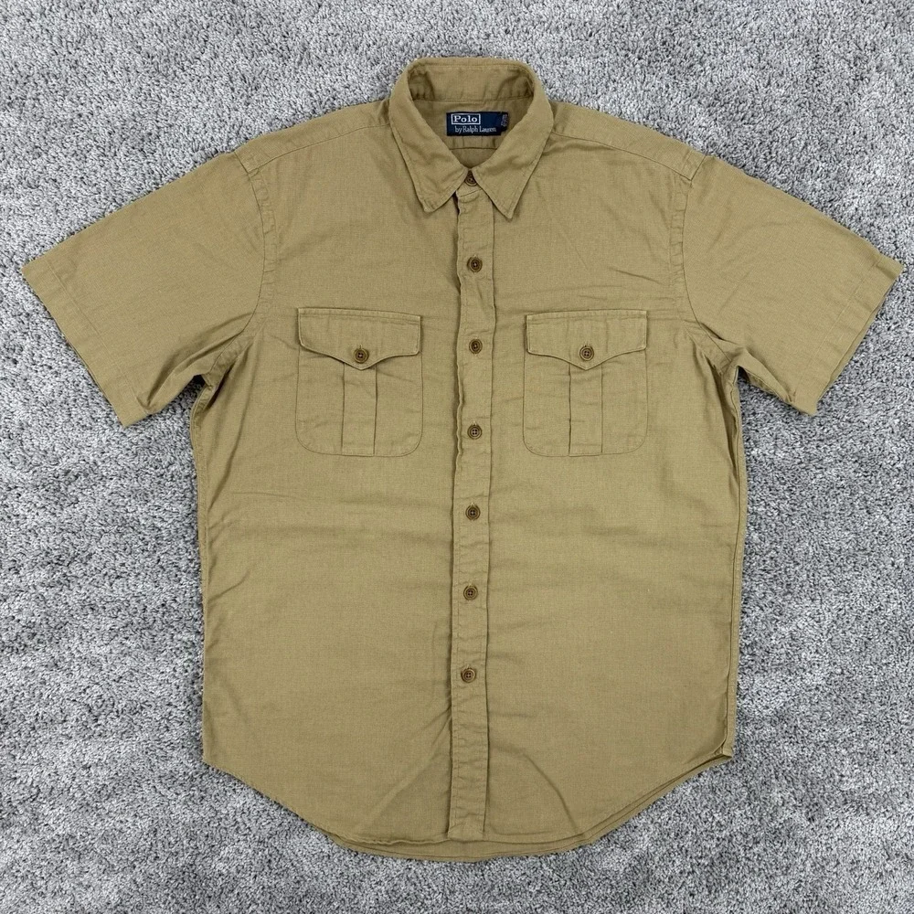 Polo Ralph Lauren Linen Shirt Mens M Khaki Field Military Short Sleeve Button Up